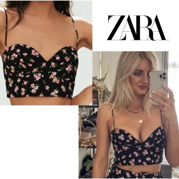 Zara black pink floral flower sweetheart spaghetti strap bustier crop top Sz XL - Picture 2 of 8